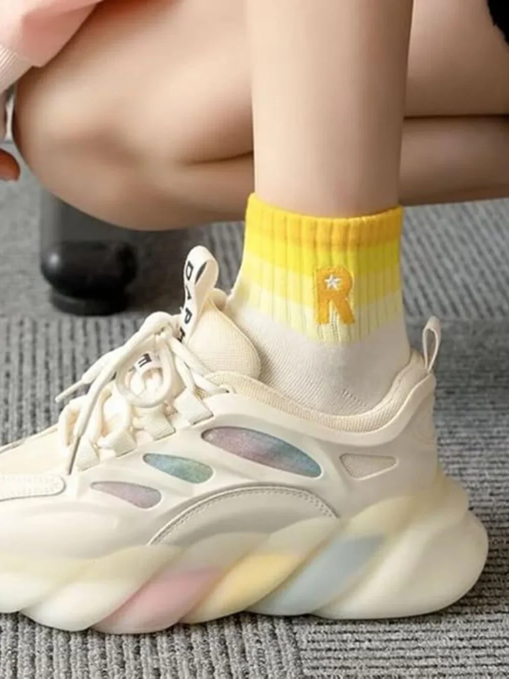 5 Pair Stripe Ankle Socks R Monogram one size fits most Womens. New Yellow Black